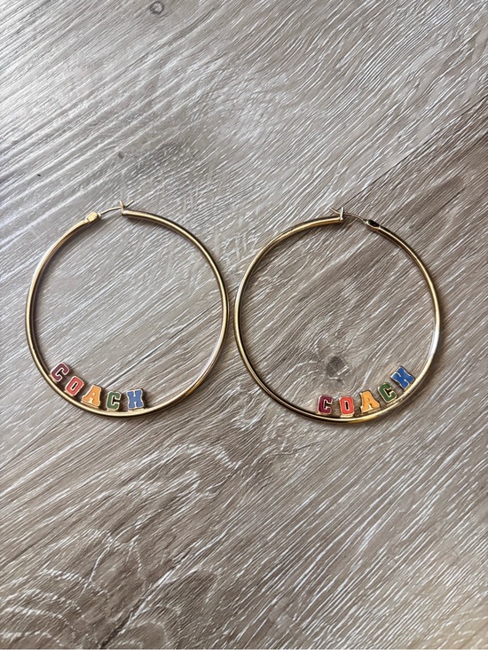 Coach Jewelry - COACH Gold Hoop Earrings Multicolor Varsity Coach Spell Out